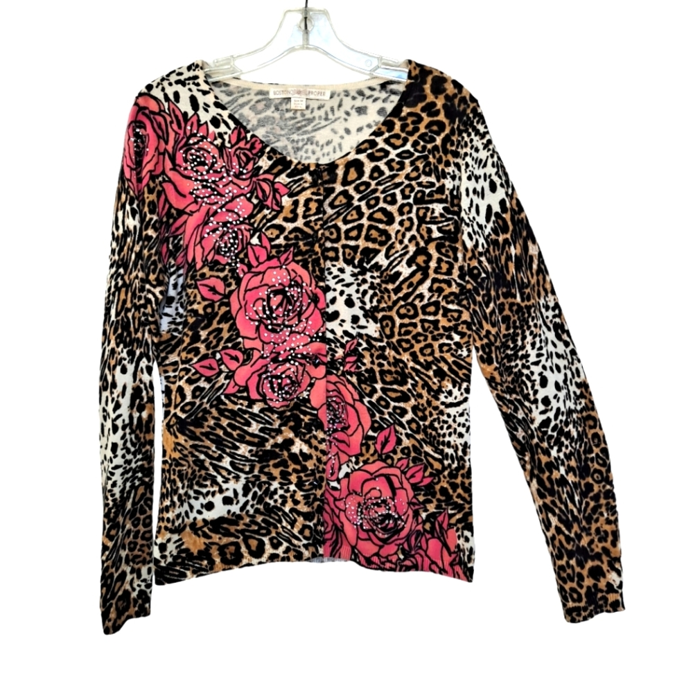 Boston Proper Animal Print Floral Beaded Button Front Cardigan Sweater szM